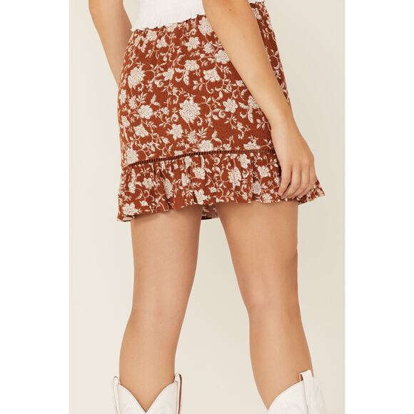 Shyanne Floral Button Front Skirt XL Western Boho Rust Ruffle Hem Skirt - Picture 3 of 8